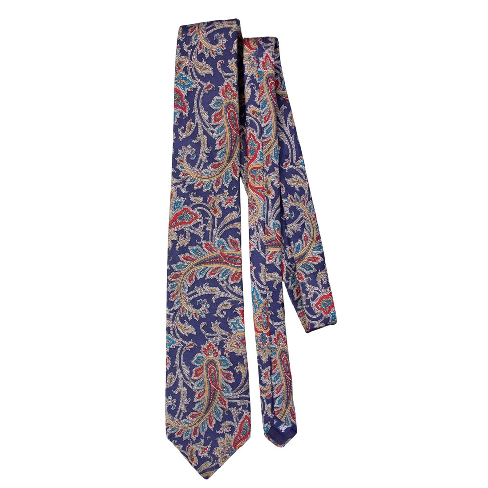 VTG Burberry London Mens Silk Paisley Tie Blue Red Gold Hand Sewn - Picture 2 of 11